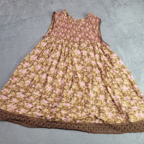 Free People Dresses & Skirts - Free People Tunic Women Large Brown‎ Pink Floral Smock Lace Trim Boho Mini Dress